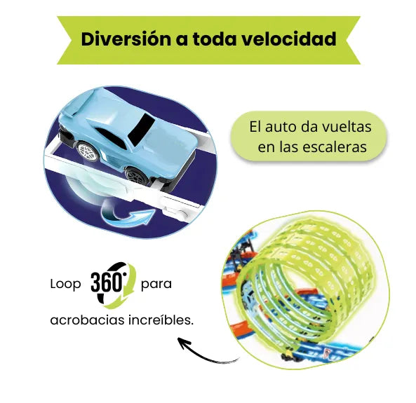 Pista de Carreras Giros Con Luces LED Incluye 91 Piezas Con Carro Recargable
