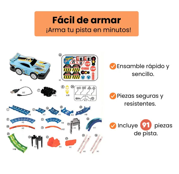 Pista de Carreras Giros Con Luces LED Incluye 91 Piezas Con Carro Recargable