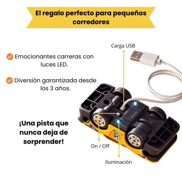 Pista de Carreras Giros Con Luces LED Incluye 91 Piezas Con Carro Recargable