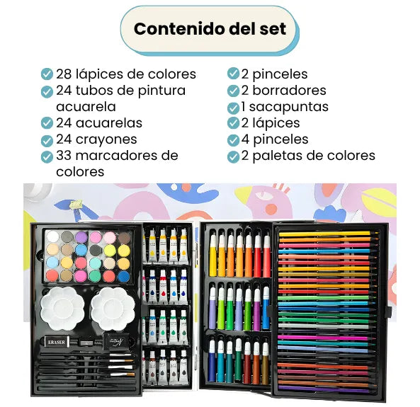 Set De Arte Maletín Por 145 Piezas Metálico Para Niños Incluye Crayones Pinturas Acuarelas