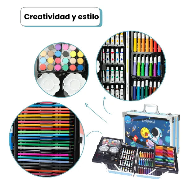 Set De Arte Maletín Por 145 Piezas Metálico Para Niños Incluye Crayones Pinturas Acuarelas