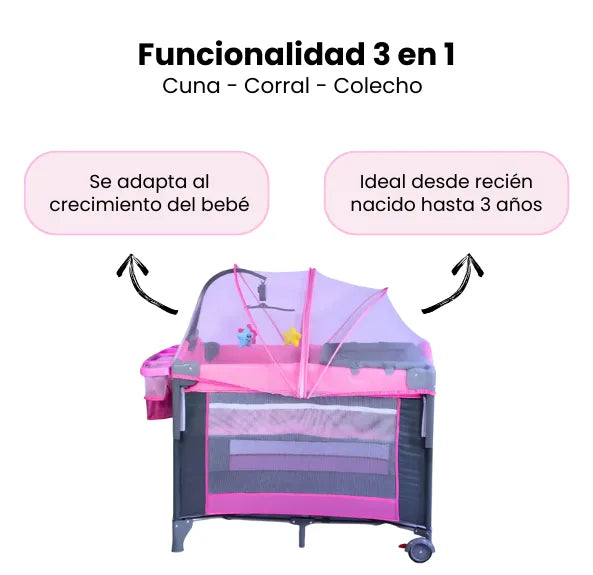 Cuna Corral Tipo Colecho Para Bebe Patio Con Mosquitero, Organizador Y Movil Musical