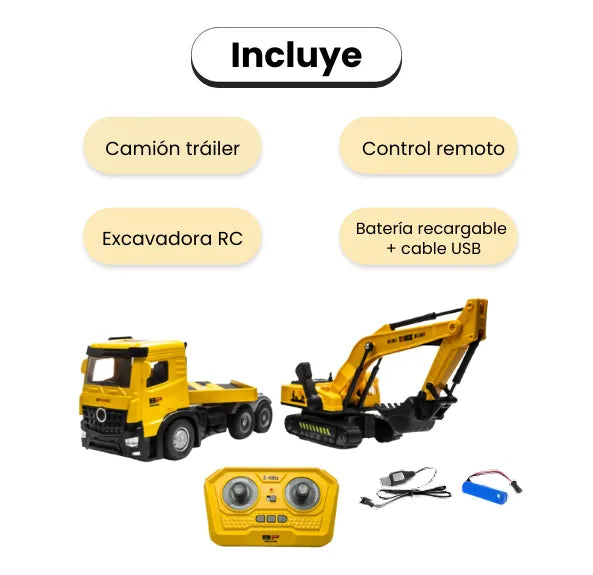 Camión Tráiler Con Excavadora RC 2.4GHz Juguete A Control Remoto Con Batería Recargable para Niños