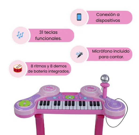 Piano Infantil con Micrófono, Silla, Luces, Sonidos Y Conexión MP3