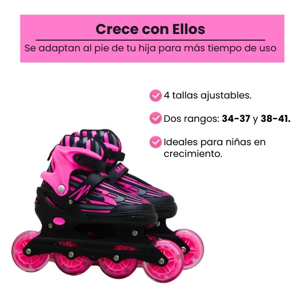 Patines Semiprofesionales 4 llantas en Línea Ajustables para Niña con Luces LED