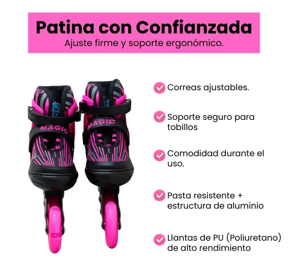 Patines Semiprofesionales 4 llantas en Línea Ajustables para Niña con Luces LED