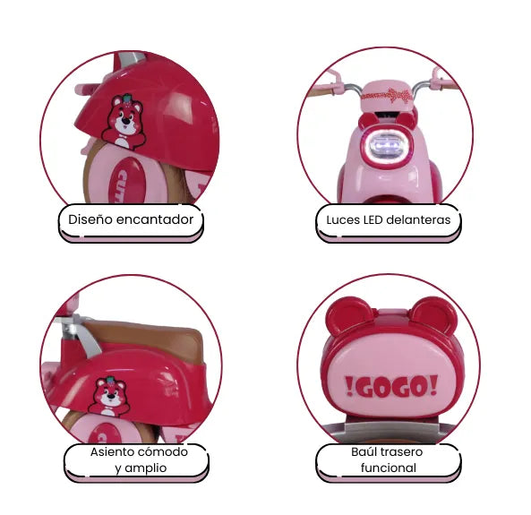 Montable Moto Para Niñas con Luces LED, Música, Puerto USB Y Bluetooth