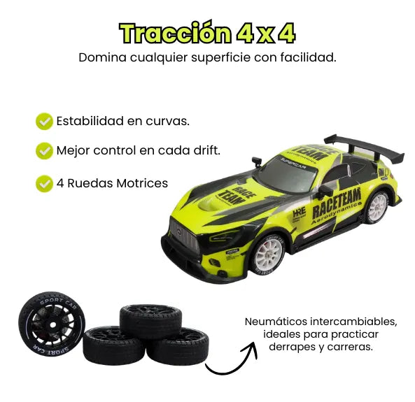 Carro RC Drift con Humo a Escala 1:14 4x4 Recargable con Luces LED y Llantas Intercambiables