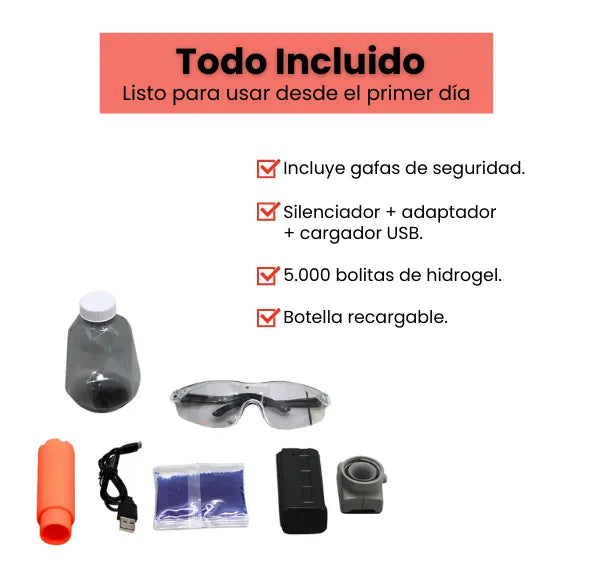 Lanzador Hidrogel Mediano Automático Recargable Alcance 15m con Accesorios
