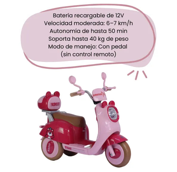 Montable Moto Para Niñas con Luces LED, Música, Puerto USB Y Bluetooth