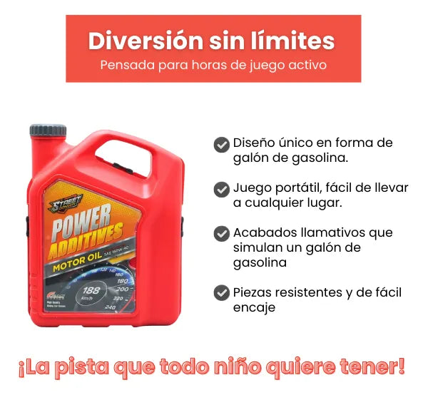 Pista de Carros Maletín Galón de Gasolina Infantil 2 en 1 Incluye 6 Carros Metálicos