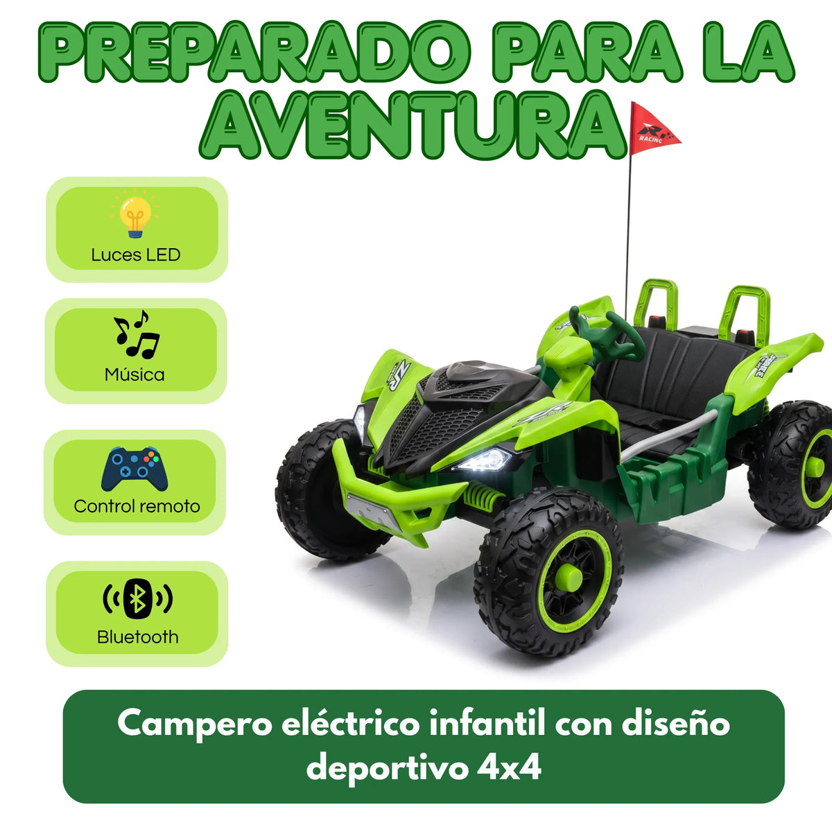Carro Montable Buggy Eléctrico Infantil Control Remoto, Bluetooth, Luces LED