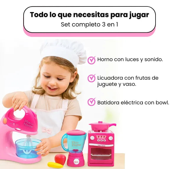 Set De Cocina Infantil Grande 3 En 1 Con Luces Y Sonidos Para Niñas