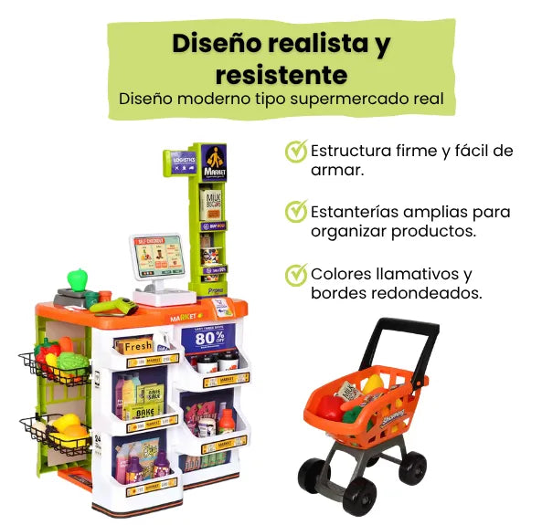 Supermercado Infantil con Carrito y Caja Registradora 60 Piezas Luces y Sonido
