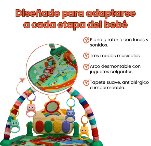 Tapete Gimnasio Musical Pequeño para Bebé con Piano, Sonidos, Luces y Juguetes Colgantes