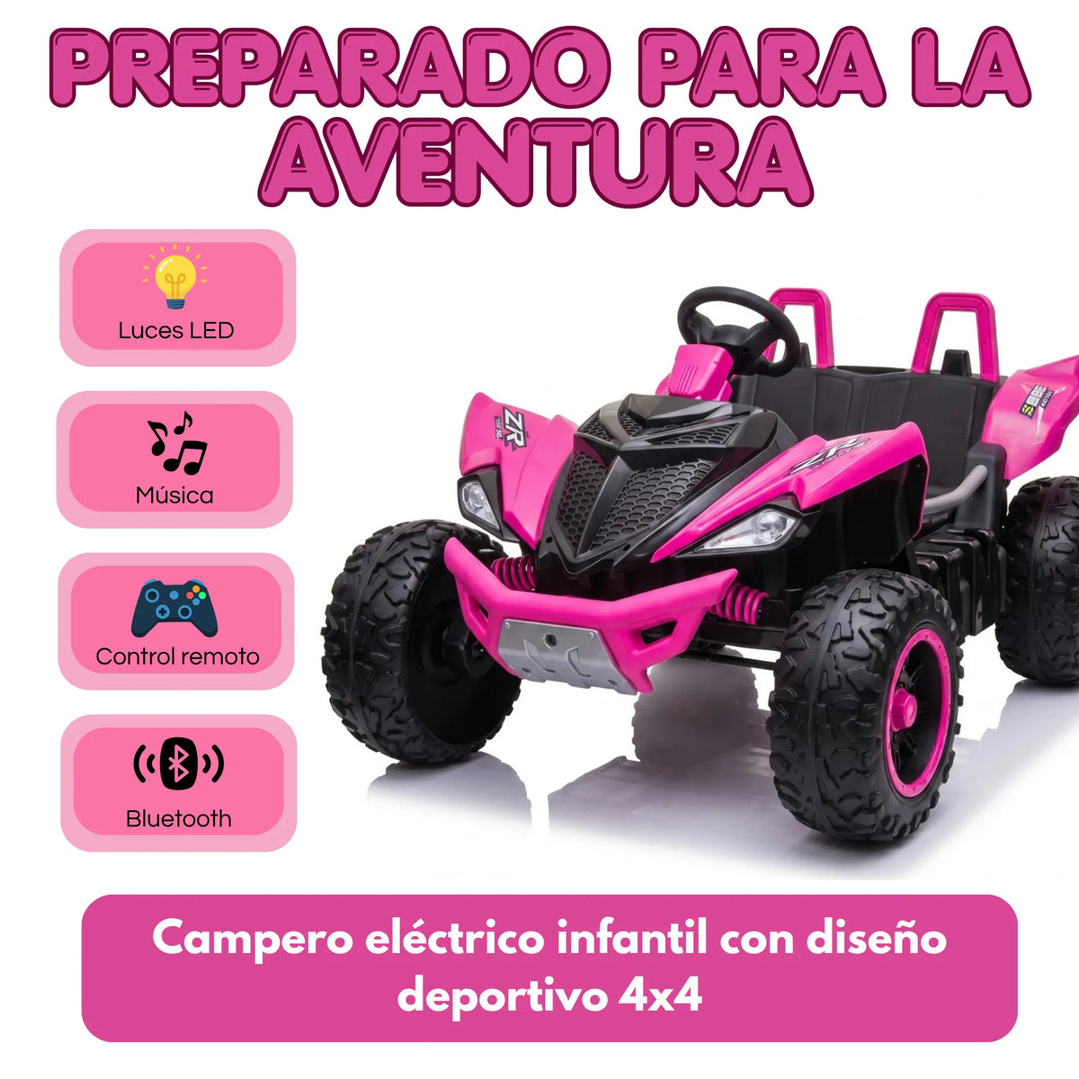 Carro Montable Buggy Eléctrico Infantil Control Remoto, Bluetooth, Luces LED