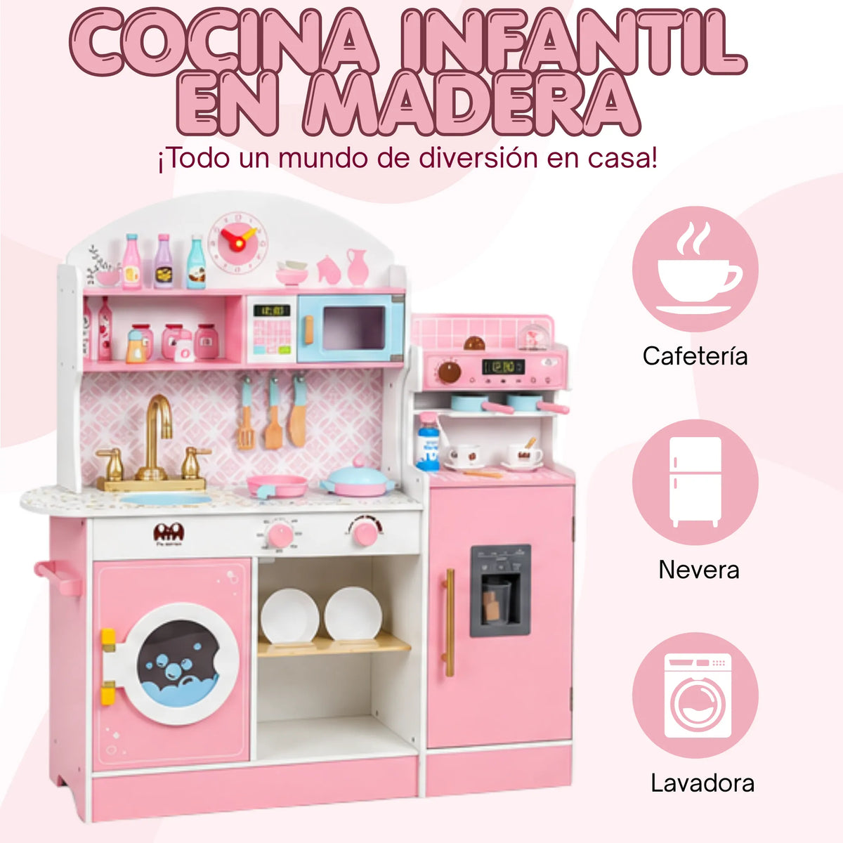 Cocina Infantil de Madera Grande 3 en 1 con Refrigerador, Cafetera, Lavadora y Accesorios