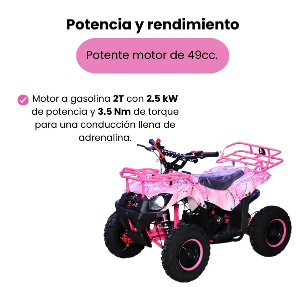 Cuatrimoto Gasolina 49cc Para Niños Y Niñas Llantas 4”, Frenos de Disco y Luces LED
