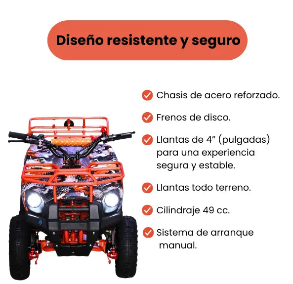 Cuatrimoto Gasolina 49cc Para Niños Y Niñas Llantas 4”, Frenos de Disco y Luces LED