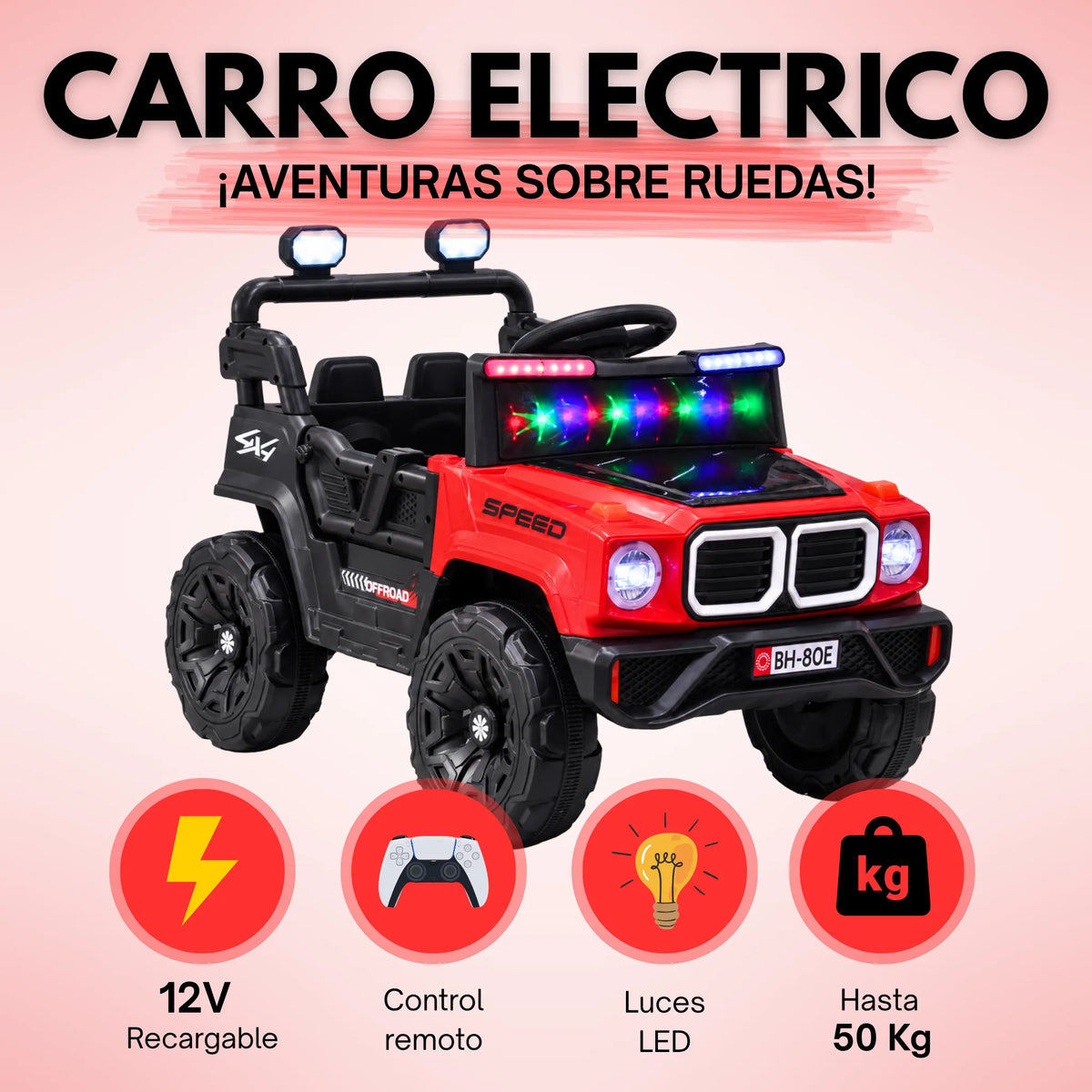 Montable Campero Mediano Para Niño Con Control Remoto, Bluetooth, Luces LED Y Sonidos
