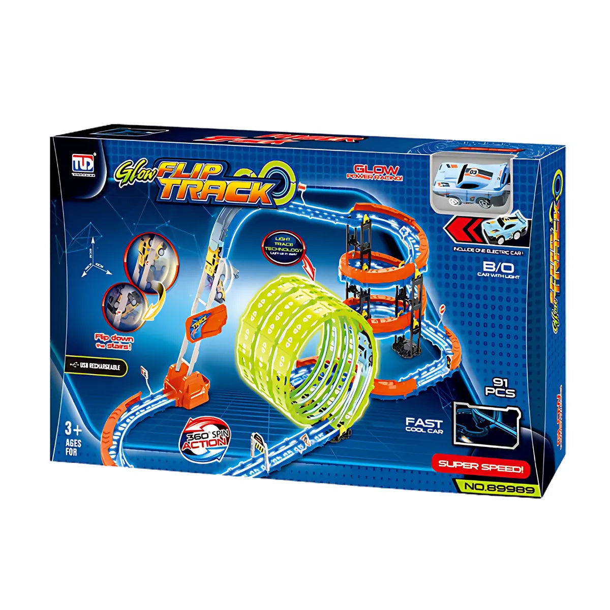 Pista de Carreras Giros Con Luces LED Incluye 91 Piezas Con Carro Recargable