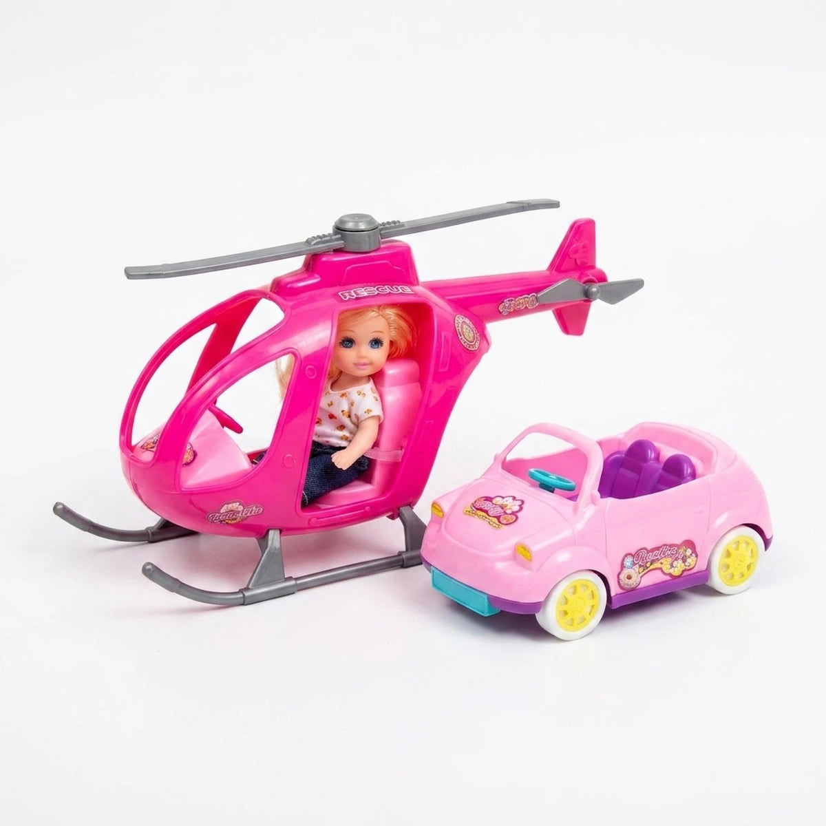 Muñeca Pequeña Mas Carro Y Helicóptero Para Niña