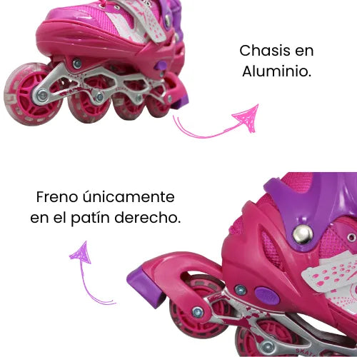 Patines Ajustables Para Niñas Con Kit De Protección 4 Llantas Y Línea