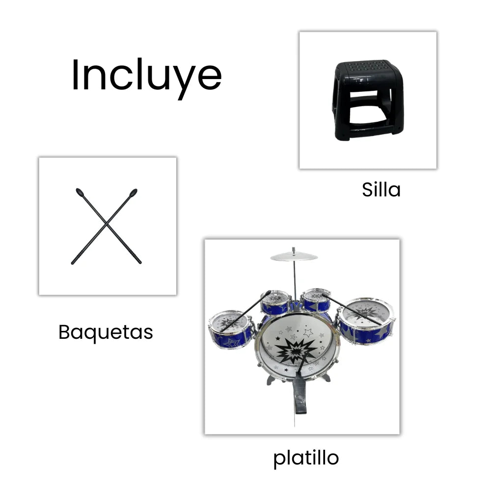Bateria De Juguete Con Platillo Y Silla Para Niños Color Azul