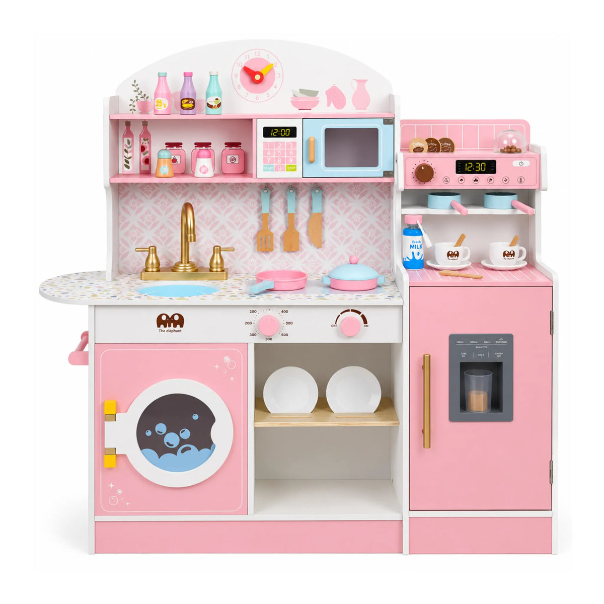 Cocina Infantil de Madera Grande 3 en 1 con Refrigerador, Cafetera, Lavadora y Accesorios