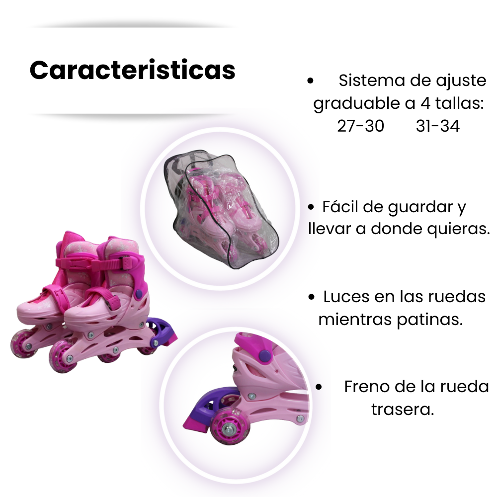 Patines Ajustables Para Niñas Con Kit De Protección 3 Llantas Y Línea