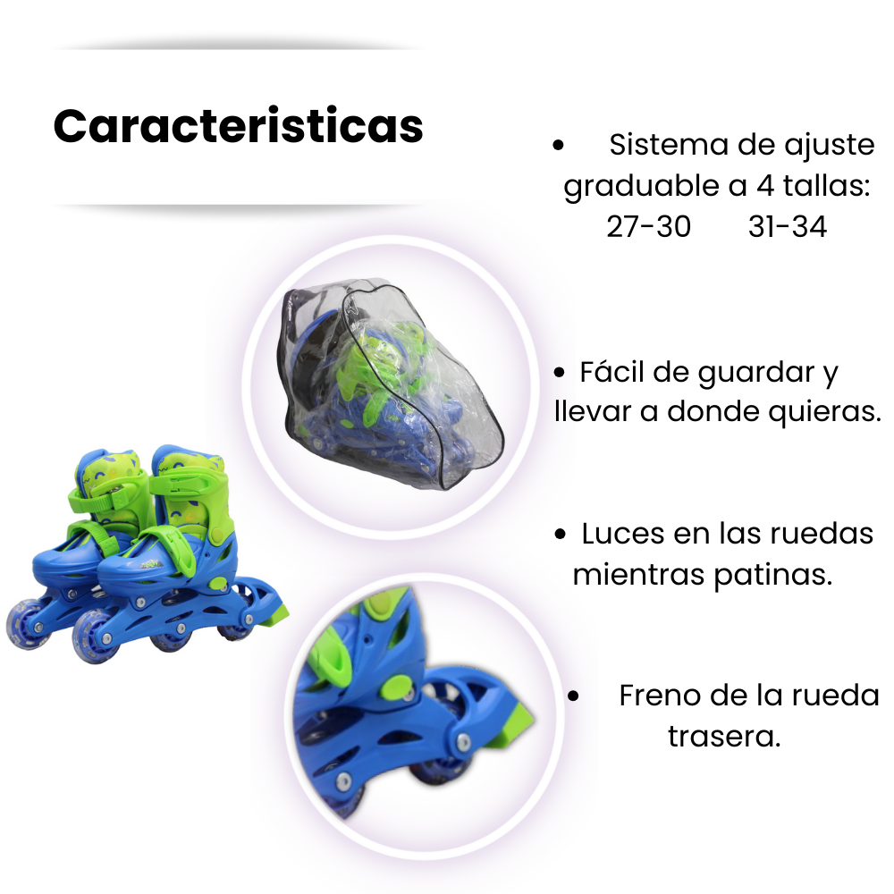 Patines Ajustables Para Niños Con Kit De Protección 3 Llantas Y Línea