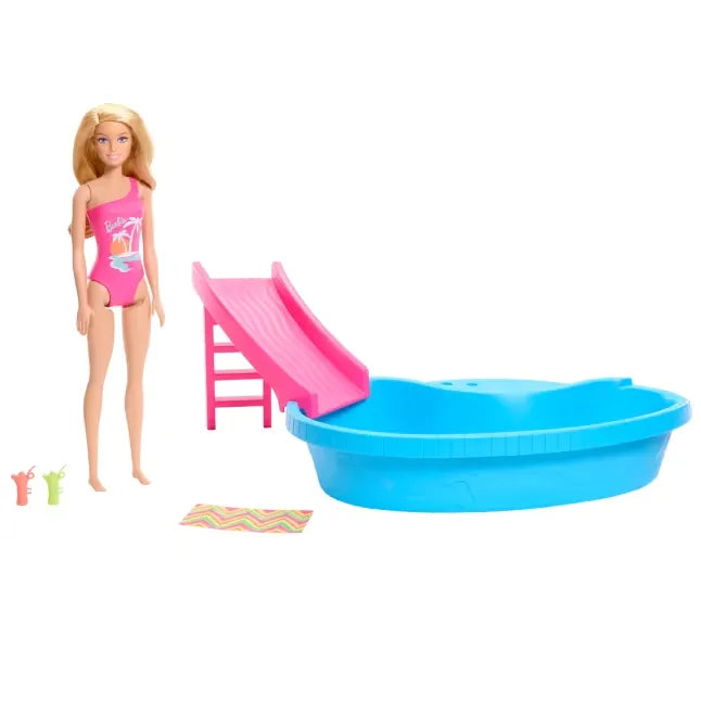 Piscina Y Muñeca Barbie Con Muñeca Rubia, Piscina y Tobogán.