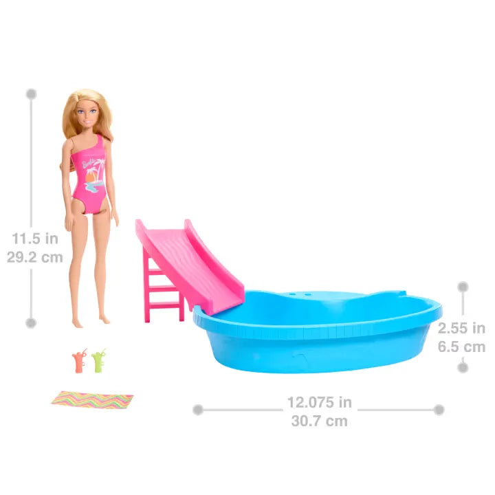 Piscina Y Muñeca Barbie Con Muñeca Rubia, Piscina y Tobogán.