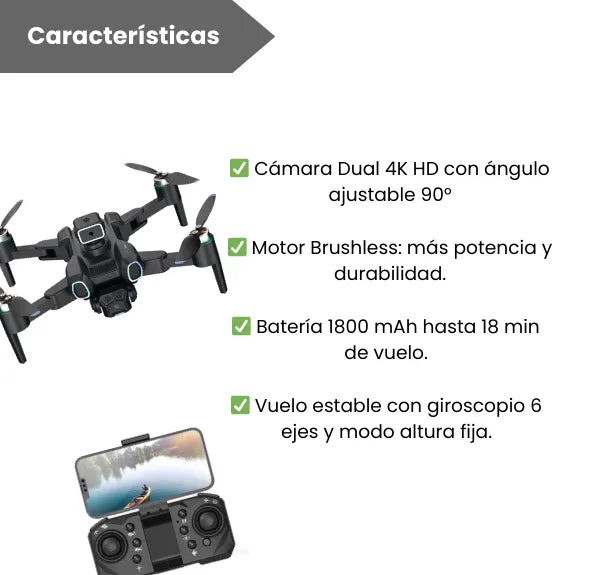 Drone Mediano Plegable 4K con Cámara HD, Motor Brushless y Control Remoto