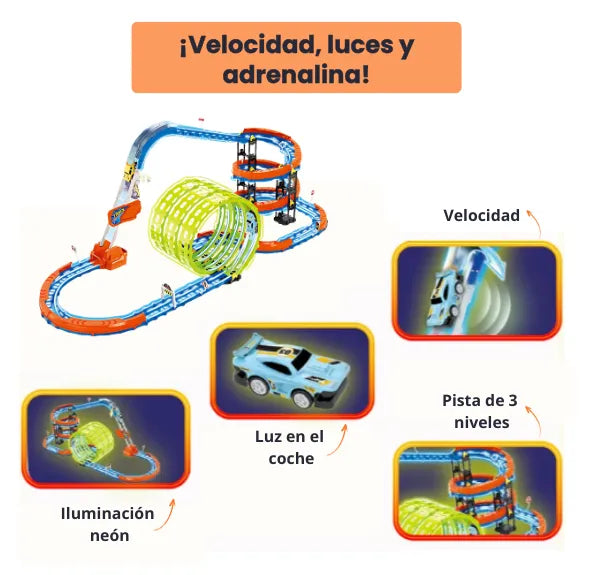 Pista de Carreras Giros Con Luces LED Incluye 91 Piezas Con Carro Recargable