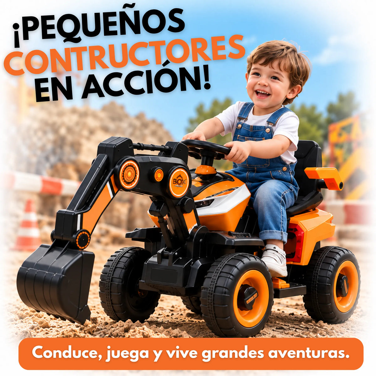 Montable Retroexcavadora Eléctrica Infantil Montable con Brazo Excavador, Luces, Música y Bluetooth