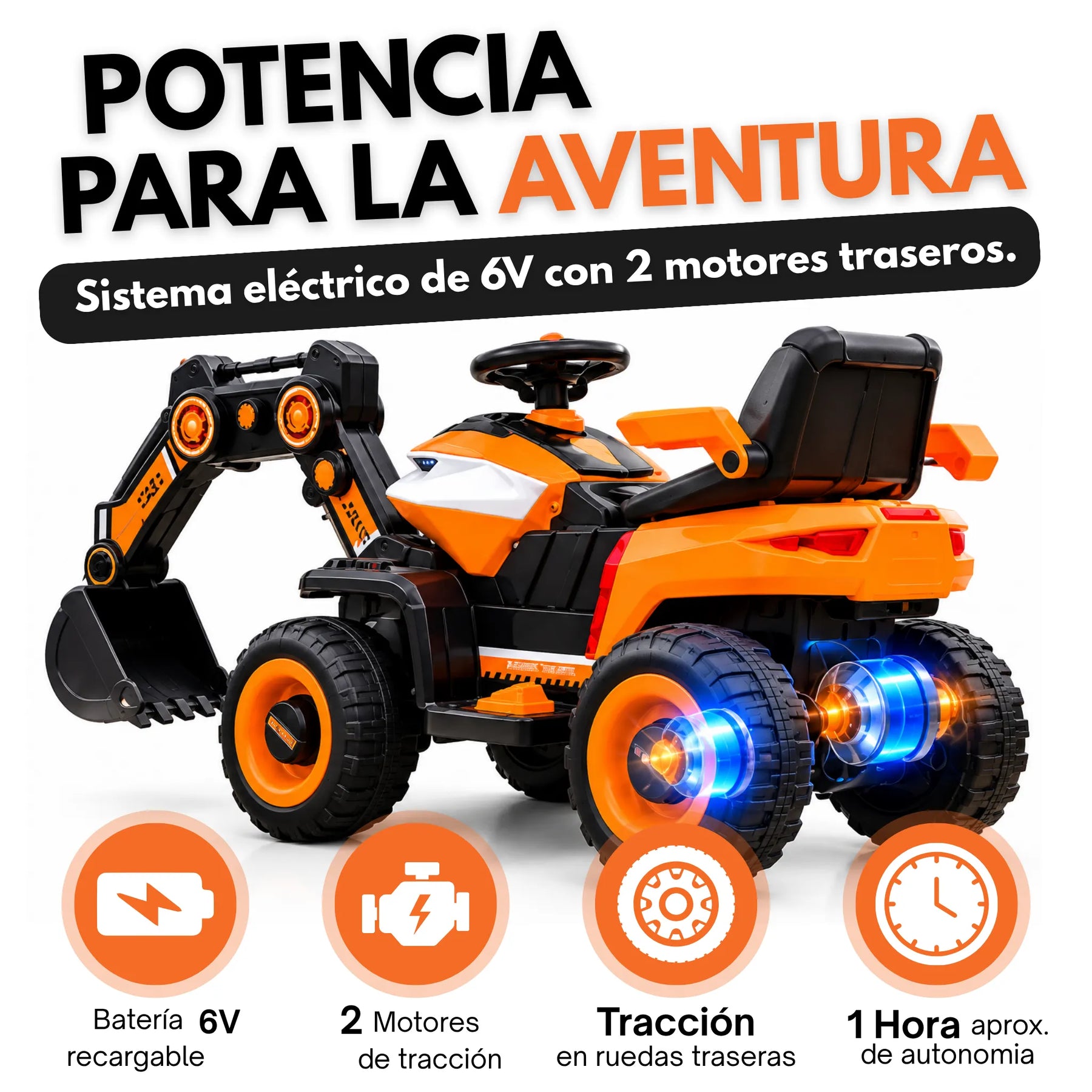Montable Retroexcavadora Eléctrica Infantil Montable con Brazo Excavador, Luces, Música y Bluetooth