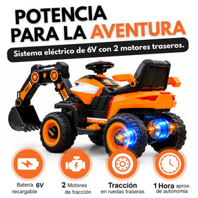Montable Retroexcavadora Eléctrica Infantil Montable con Brazo Excavador, Luces, Música y Bluetooth