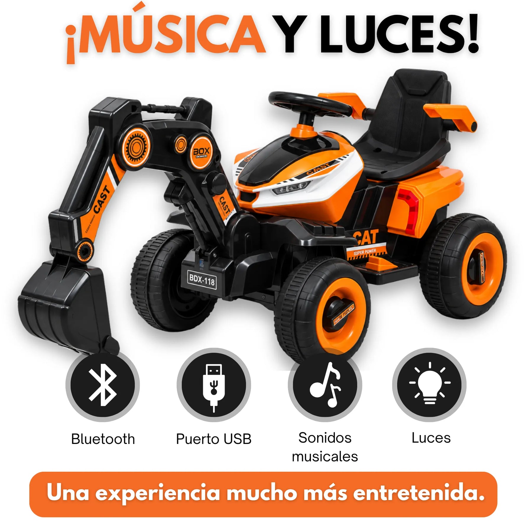 Montable Retroexcavadora Eléctrica Infantil Montable con Brazo Excavador, Luces, Música y Bluetooth