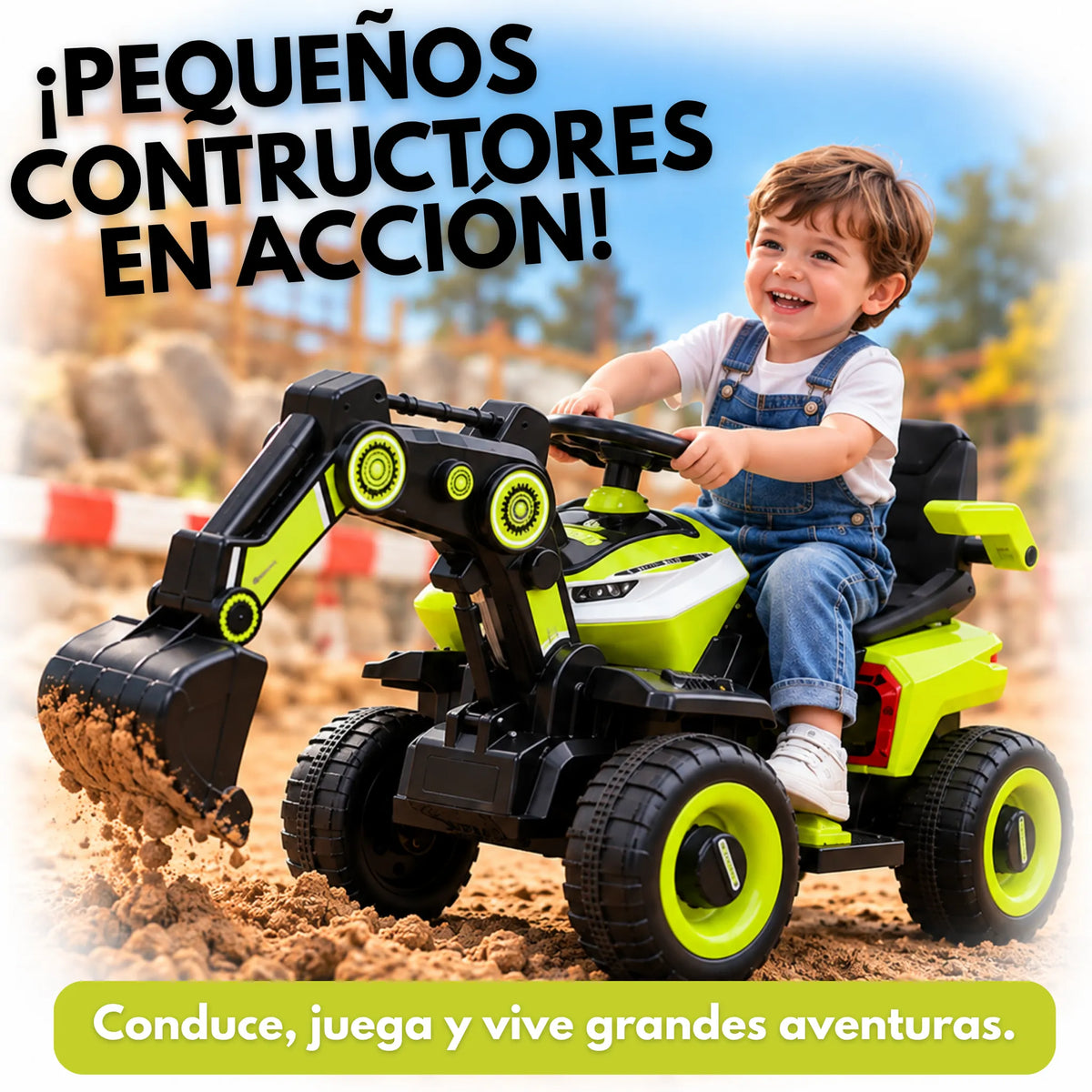 Montable Retroexcavadora Eléctrica Infantil Montable con Brazo Excavador, Luces, Música y Bluetooth