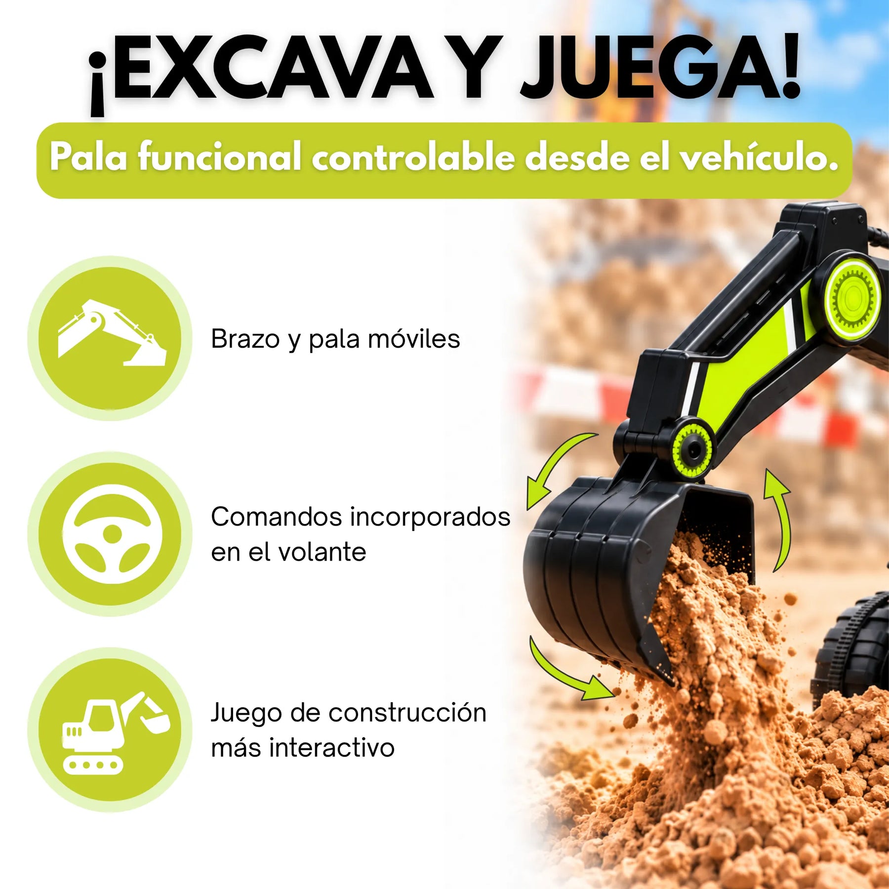 Montable Retroexcavadora Eléctrica Infantil Montable con Brazo Excavador, Luces, Música y Bluetooth