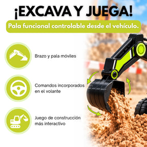 Montable Retroexcavadora Eléctrica Infantil Montable con Brazo Excavador, Luces, Música y Bluetooth