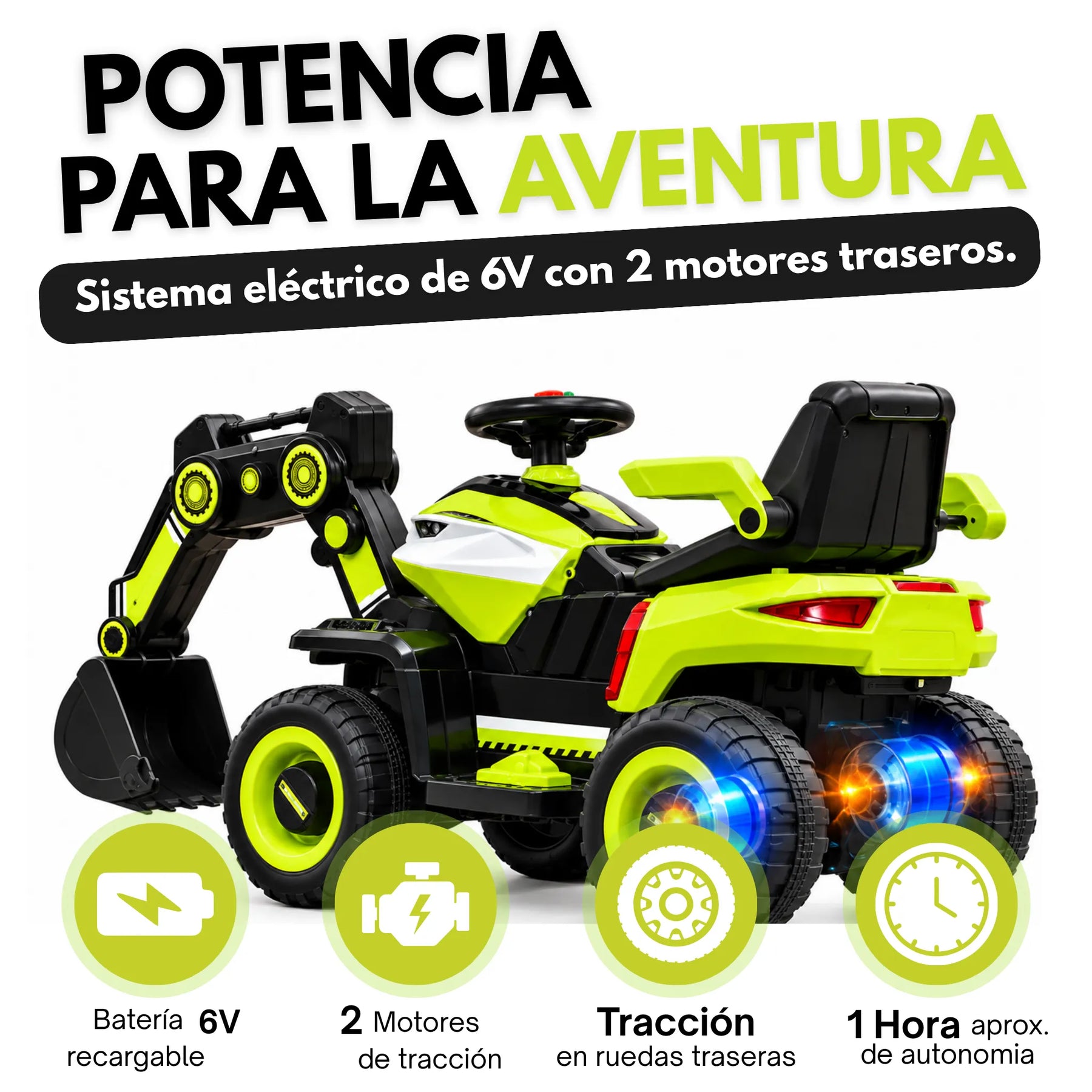 Montable Retroexcavadora Eléctrica Infantil Montable con Brazo Excavador, Luces, Música y Bluetooth