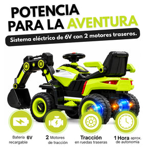 Montable Retroexcavadora Eléctrica Infantil Montable con Brazo Excavador, Luces, Música y Bluetooth