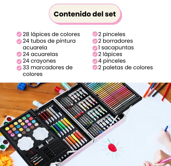 Set De Arte Maletín Por 145 Piezas Metálico Para Niñas Incluye Crayones Pinturas Acuarelas