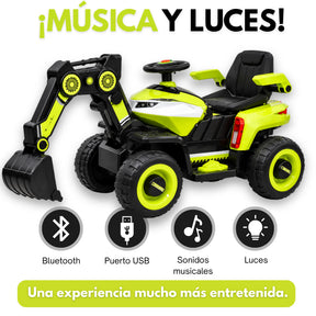 Montable Retroexcavadora Eléctrica Infantil Montable con Brazo Excavador, Luces, Música y Bluetooth