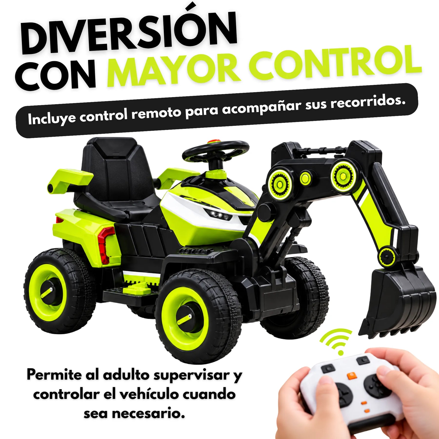 Montable Retroexcavadora Eléctrica Infantil Montable con Brazo Excavador, Luces, Música y Bluetooth