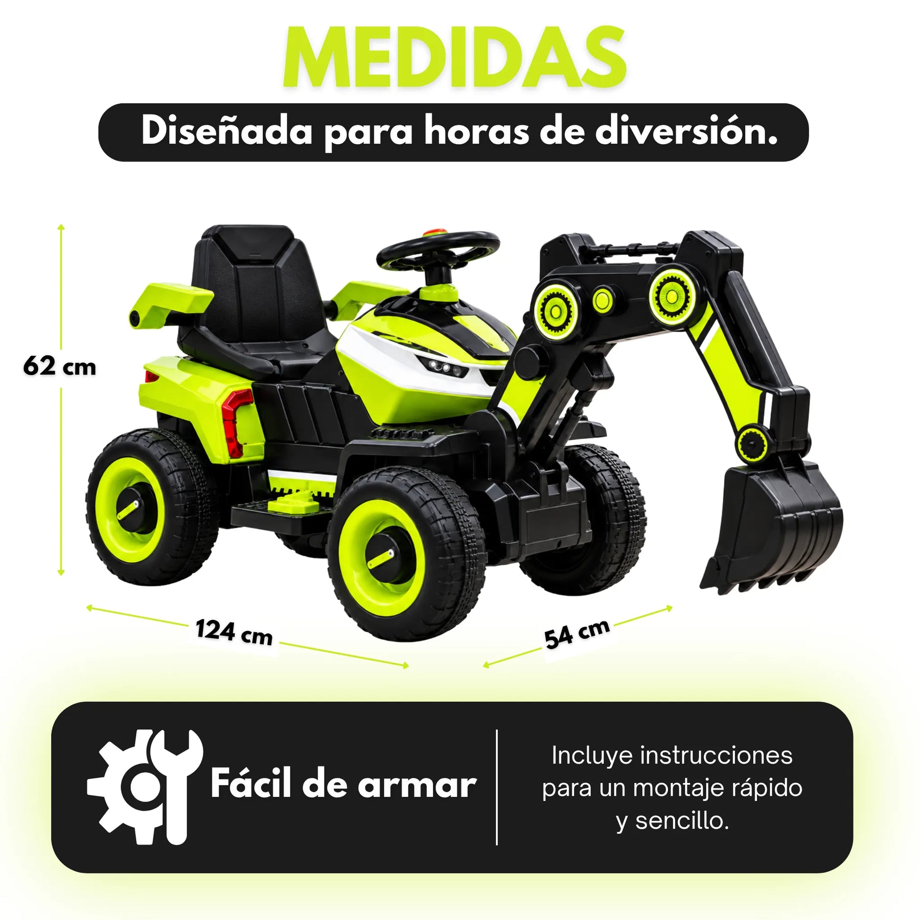 Montable Retroexcavadora Eléctrica Infantil Montable con Brazo Excavador, Luces, Música y Bluetooth