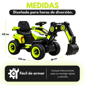Montable Retroexcavadora Eléctrica Infantil Montable con Brazo Excavador, Luces, Música y Bluetooth