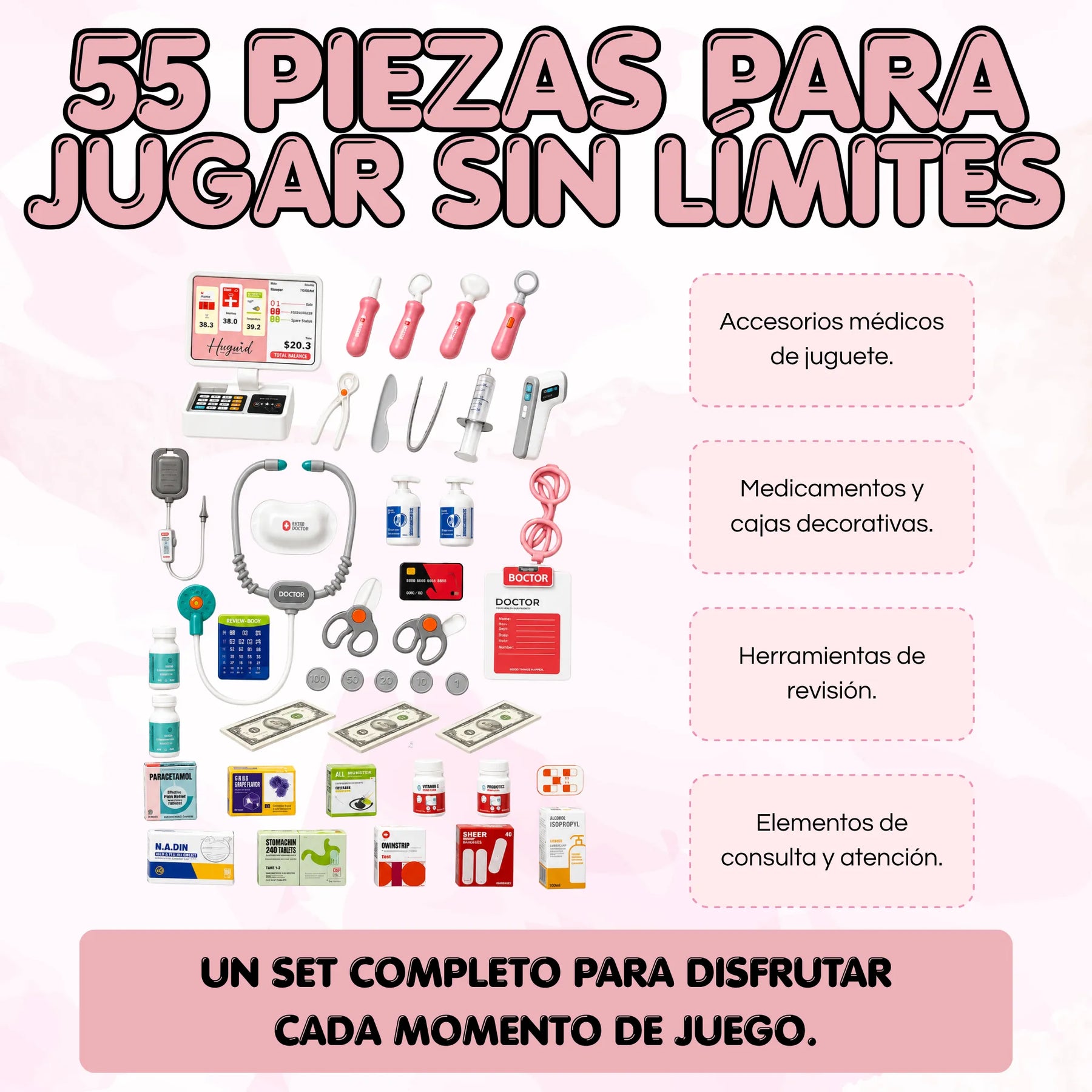 Consultorio Médico Infantil 55 Piezas con Luces, Sonidos y Accesorios